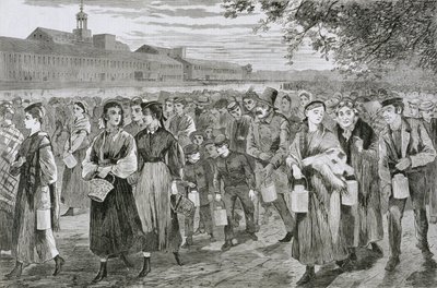 Men and women leaving the mill after work, carrying lunch-pails, 1868 by American School